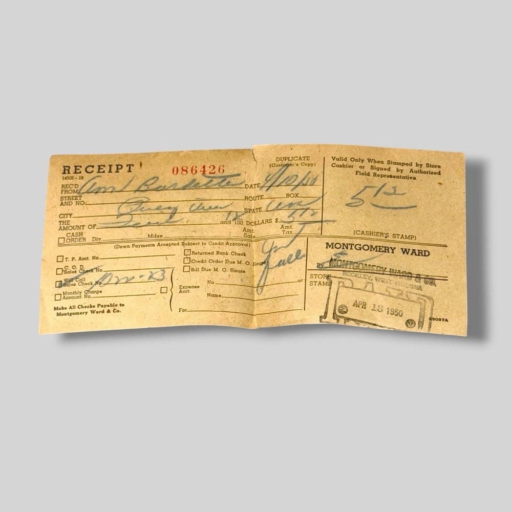 1950 Montgomery Ward Vintage Receipt Beckley West Virginia I291